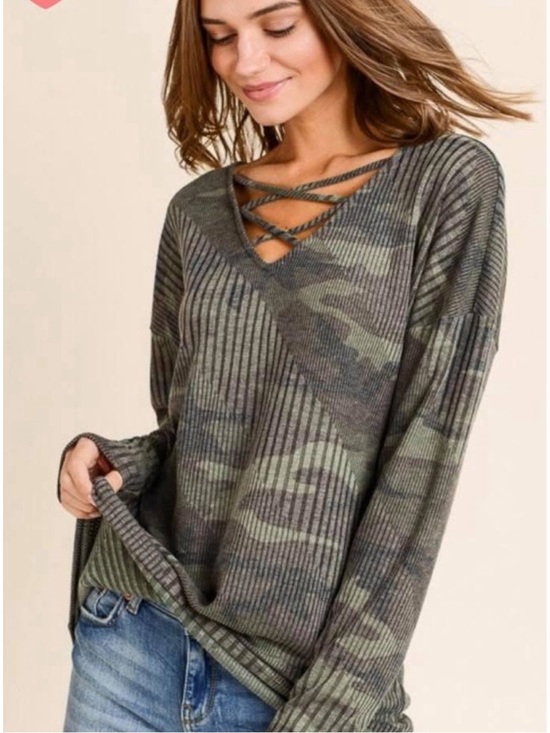 First Love Tops - First Love by Lovelyn olive green camo ribbed long sleeve top